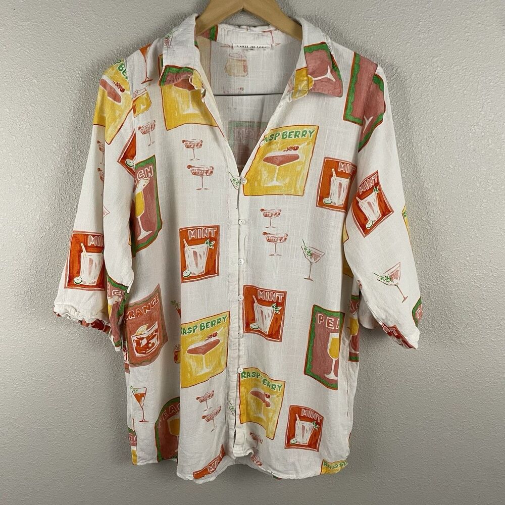 Label Of Love White Cocktail Print Linen Blend Button Up Shirt Womens M Resort
